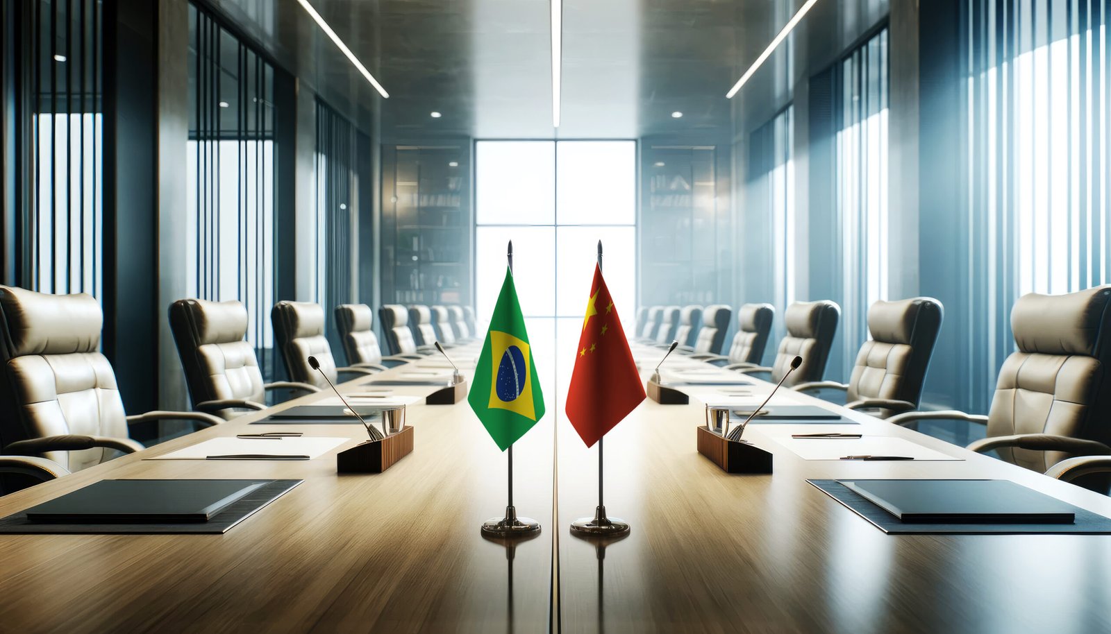 a modern conference room with brazil and china flags on a long table, symbolizing a bilateral meeting or diplomatic discussions between the two nations.