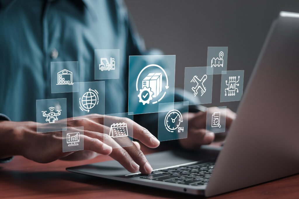 logistic and transport concept, businessman using laptop with supply chain technology for logistic management, organizing and controlling resources to meet the needs of customers.