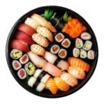 assorted sushi set including nigiri, maki, and rolls arranged in a wooden bento box isolated on white transparent background, showcasing japanese cuisine variety