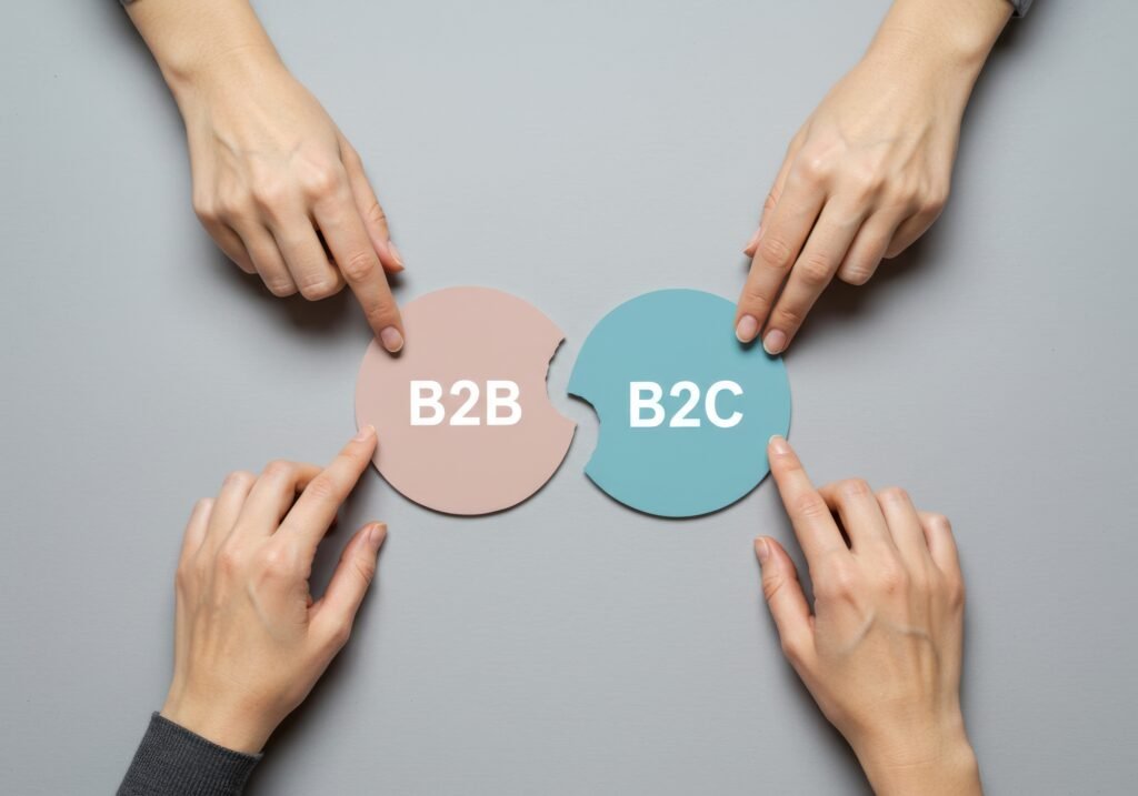 hands connecting b2b and b2c puzzle pieces on gray background