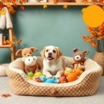 happy dog sitting in a cozy bed surrounded by colorful toys